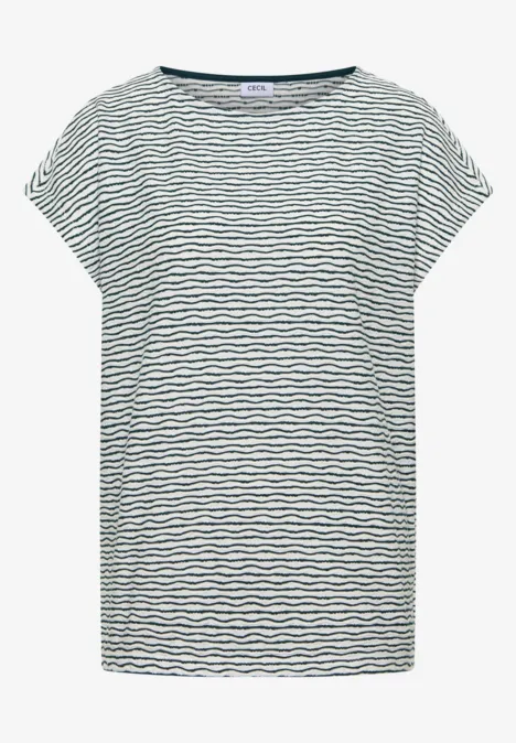 T-shirt blanc à fines rayures bleu marine, manches courtes et col rond.