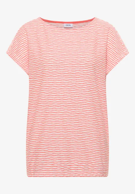 T-shirt décontracté pour femme à manches courtes, rayures fines rose et blanc.
