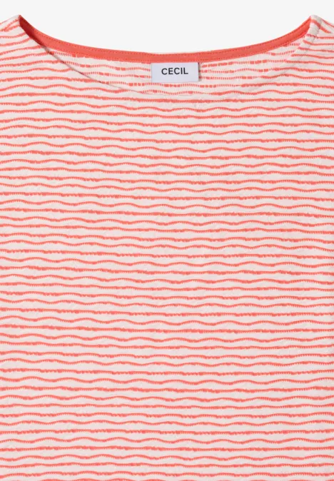 T-shirt femme rayé rose et blanc avec motif ondulé