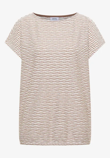 Licht dames-T-shirt met bruine strepen, korte mouwen en ronde hals.