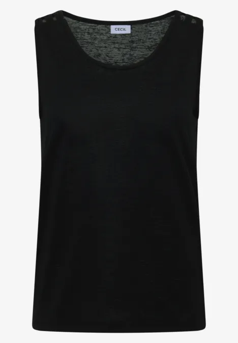 Top avec col en V arrondi et détail tressé Black Débardeur noir uni sans manches avec encolure ronde.