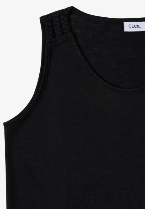 Top avec col en V arrondi et détail tressé Black Débardeur noir sans manches avec encolure ronde, surpiqûres décoratives à l'épaule et étiquette visible à l'intérieur.