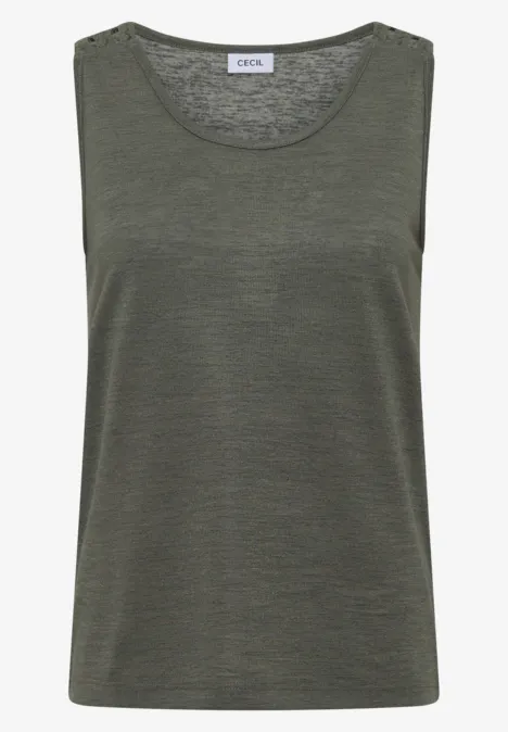 Top avec col en V arrondi et détail tressé khaki Top sans manches kaki en tissu léger avec encolure ronde