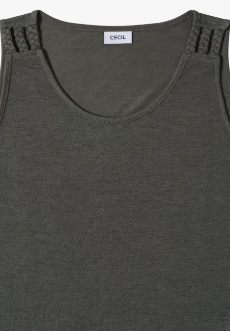 Top avec col en V arrondi et détail tressé khaki Débardeur léger olive foncé sans manches à encolure ronde, avec bretelles tressées sur les épaules.