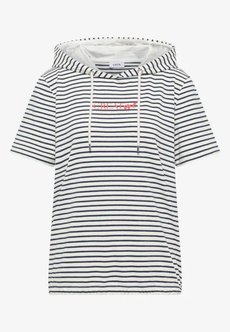 Kurzarm Shirt mit Kapuze und Glitzer vanilla white Kurzes Kapuzen-T-Shirt mit blauen und weißen Streifen