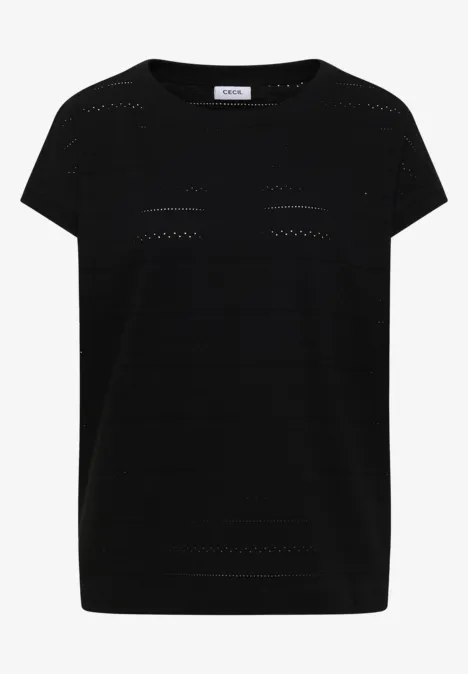 T-shirt structuré avec col bateau Black Schwarzes Strickshirt mit kurzen Ärmeln und dezentem Lochmuster