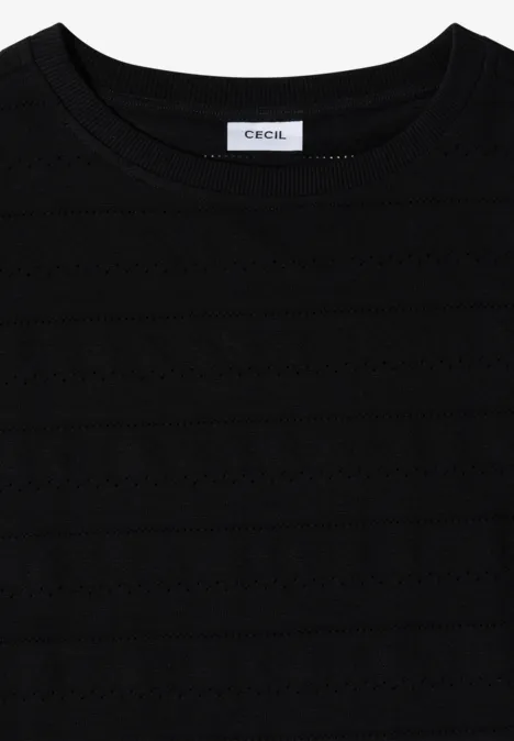 T-shirt structuré avec col bateau Black Schwarzes, kurzärmeliges Oberteil mit Rundhalsausschnitt und feiner Struktur, Markenlabel 'CECIL'.