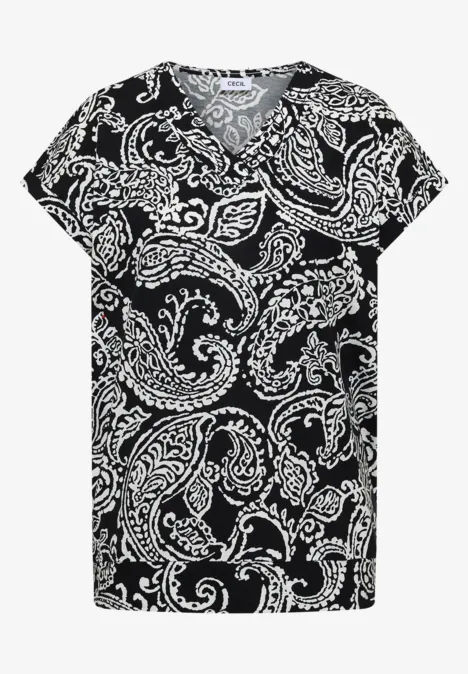 Shirt met V-hals en print Black Zwarte blouse met wit paisleypatroon, V-hals en korte mouwen.