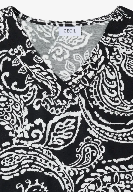 Shirt met V-hals en print Black Zwart damesshirt met wit paisleymotief en V-hals, van CECIL.