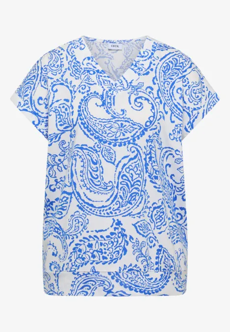 Shirt met V-hals en print vanilla white Witte V-hals top met blauw paisleyprint.