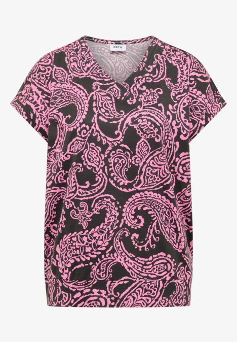 Kurzarmshirt mit V-Ausschnitt, schwarz mit pinkem Paisley-Muster.