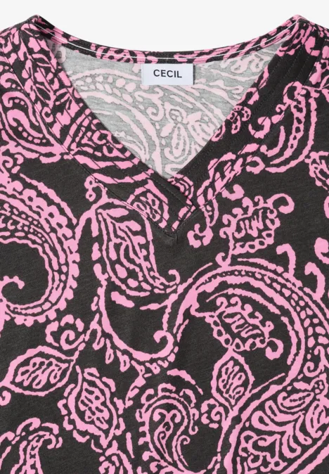 Damen-Oberteil mit V-Ausschnitt, dunkelbraunem Grund und rosa Paisley-Muster, Marke Cecil.