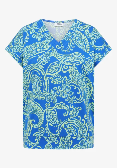 Korte V-hals top in felblauw met lichtgroen paisleymotief.