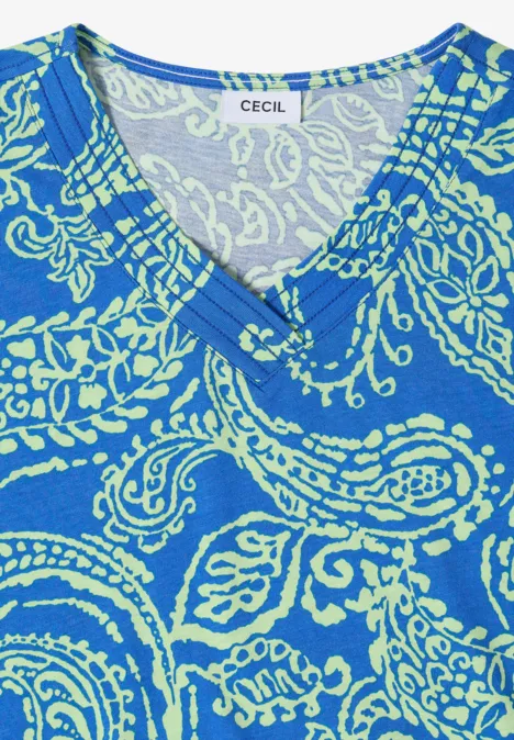 Shirt met V-hals en print surf blue Blauw dames-T-shirt met V-hals en lichtgroen paisley-patroon, merk CECIL