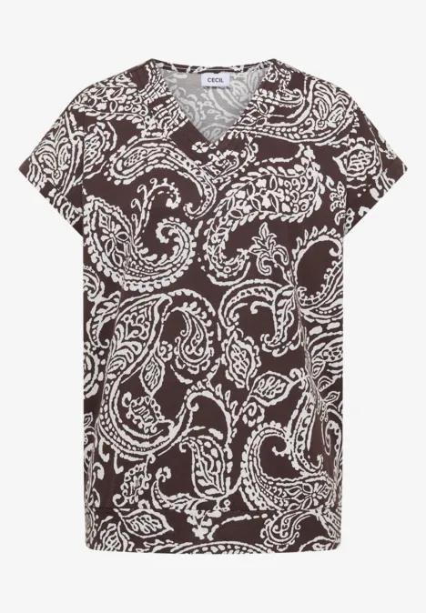 Shirt met V-hals en print brown cacao Korte T-shirt met V-hals, donkere ondergrond en wit paisleymotief.