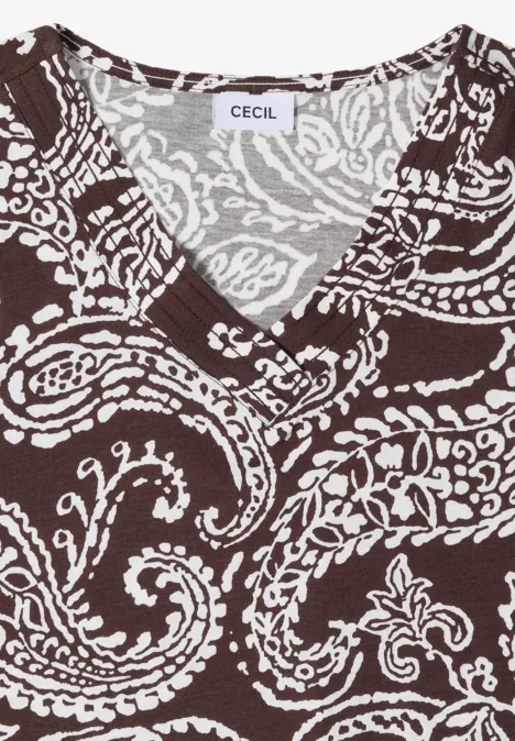 Shirt met V-hals en print brown cacao Bruine V-hals top met wit paisleypatroon.
