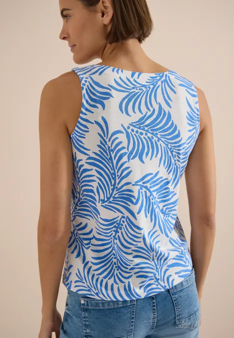 Top met split in de hals en tweekleurig patroon vanilla white Mouwloos top met blauw-witte bladprint, gezien van achteren