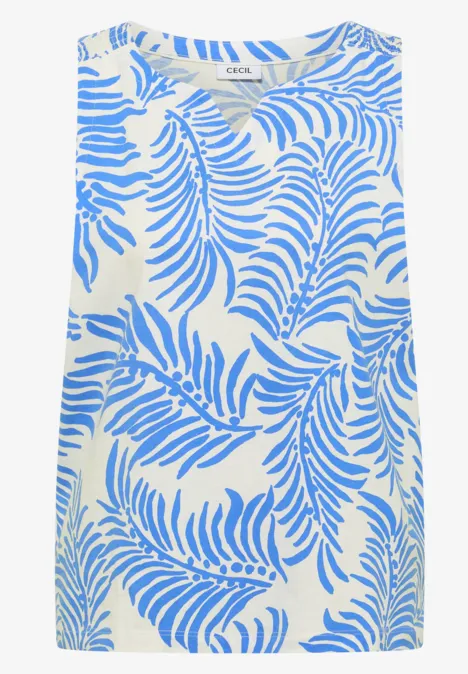 Top met split in de hals en tweekleurig patroon vanilla white Mouwloze, crèmekleurige dames top met lichtblauw bladprint en ronde halslijn.