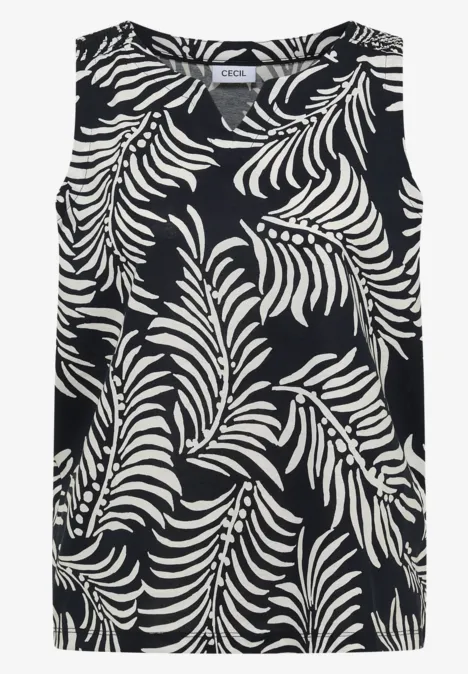 Top sans manches noir et blanc à motif de feuilles