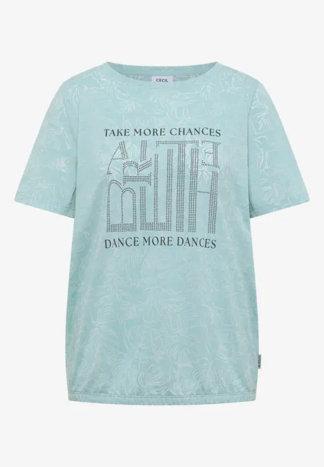 T-Shirt in Ausbrenner-Optik crystal mint Helltürkisfarbenes T-Shirt mit Paisley-Muster und Statement-Print 'Take more chances, dance more dances'.