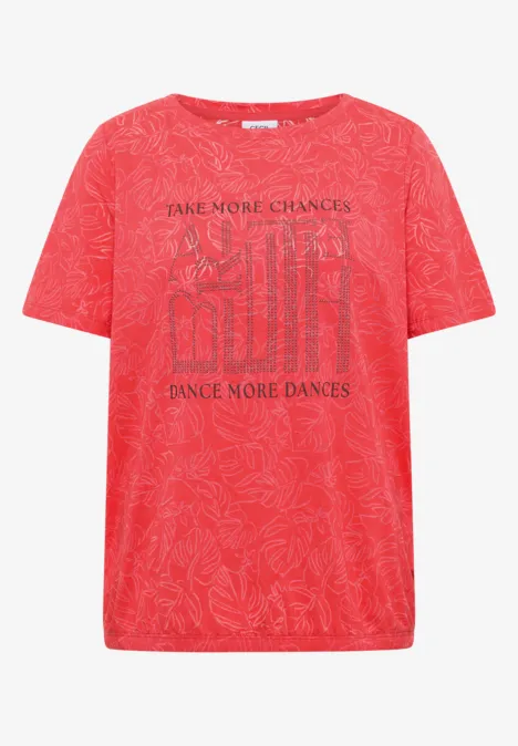 T-Shirt in Ausbrenner-Optik coral Rotes T-Shirt mit floralem Muster und Schriftzug