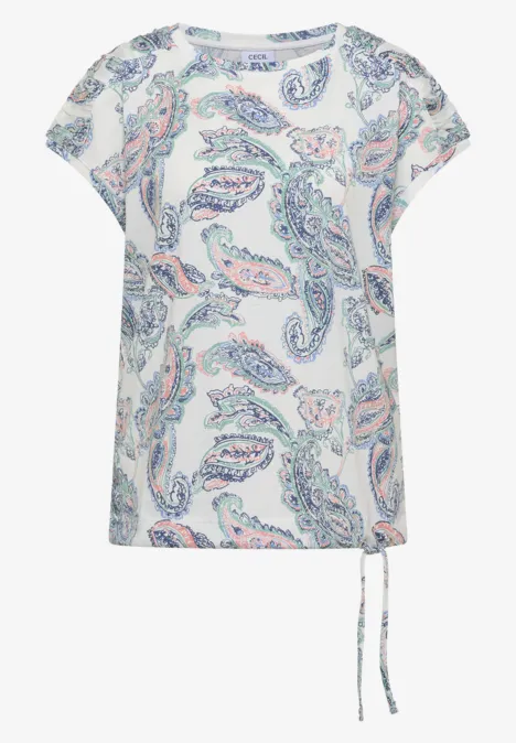 Weiße Kurzarmbluse mit buntem Paisley-Print und seitlichem Tunnelzug am Saum.
