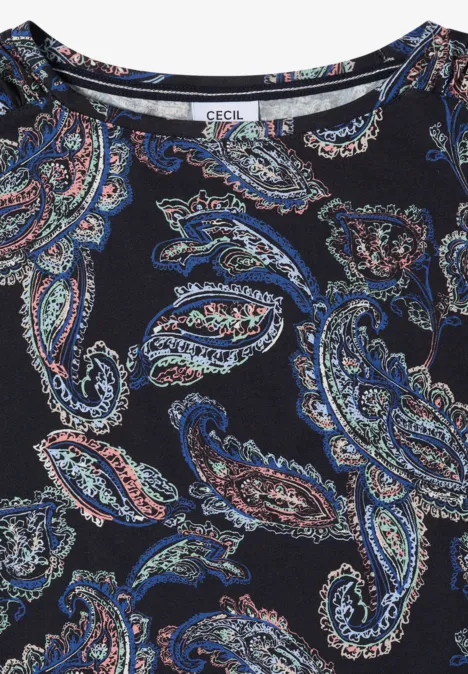 Kurzarm Shirt mit Boat Neck und Raffung universal blue Schwarzes Oberteil mit blauem und rotem Paisley-Muster.