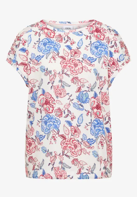 Shirt met korte mouwen, boothals en rimpels vanilla white Witte kortemouwen top met blauw-rode bloemenprint.
