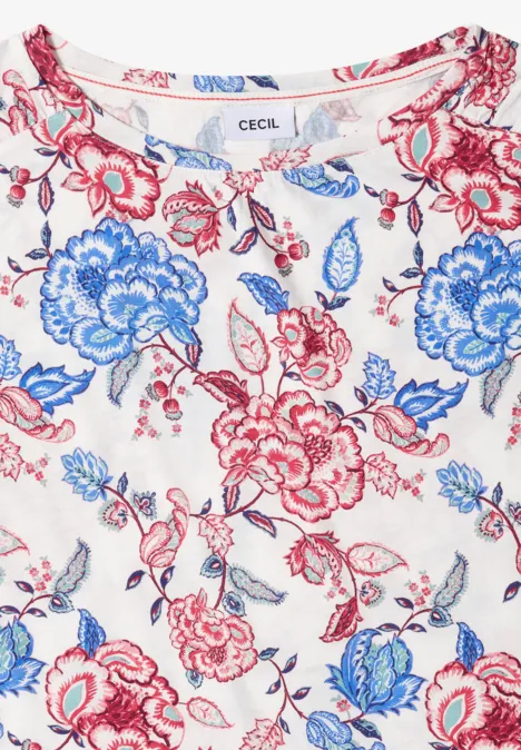 Shirt met korte mouwen, boothals en rimpels vanilla white Witte top met rood-blauw bloemenpatroon