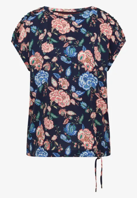 Shirt met korte mouwen, boothals en rimpels urban dark blue Donkerblauwe top met kleurrijk bloemendessin en korte mouwen