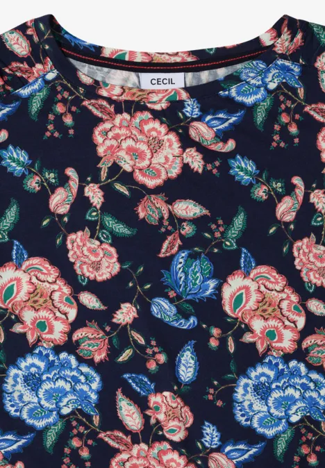 Shirt met korte mouwen, boothals en rimpels urban dark blue Donkerblauwe top met kleurrijk bloemenpatroon in rood en blauw.
