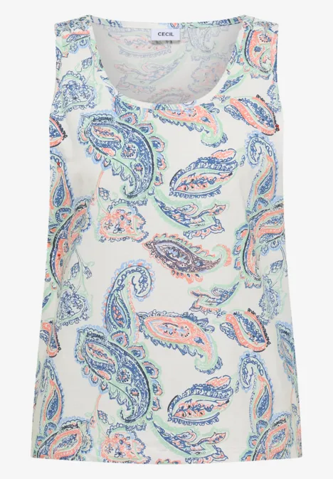 Weißes ärmelloses Oberteil mit buntem Paisley-Muster.