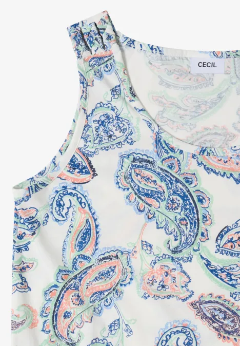 Weißes ärmelloses Top mit buntem Paisley-Muster in Blau, Grün und Orange.