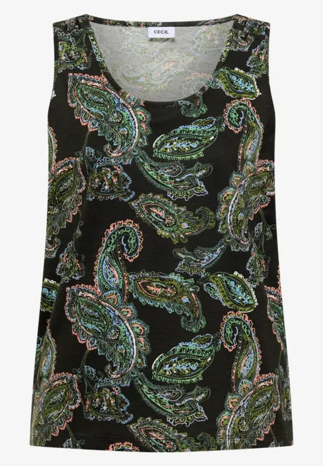 Ärmelloses Top mit buntem Paisley-Muster auf schwarzem Grund.