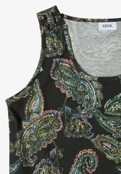 Ärmelloses schwarzes Top mit buntem Paisley-Muster und CECIL-Label.