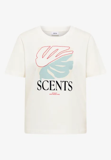 Weißes T-Shirt mit Grafikprint: abstrakter Blatt und 'SCENTS' Schriftzug.