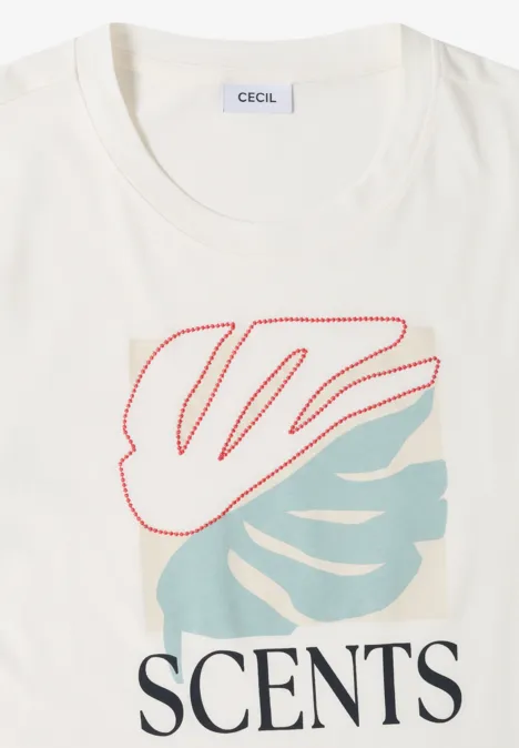 Wit T-shirt met abstract bladmotief en de tekst 'SCENTS' op de voorkant.