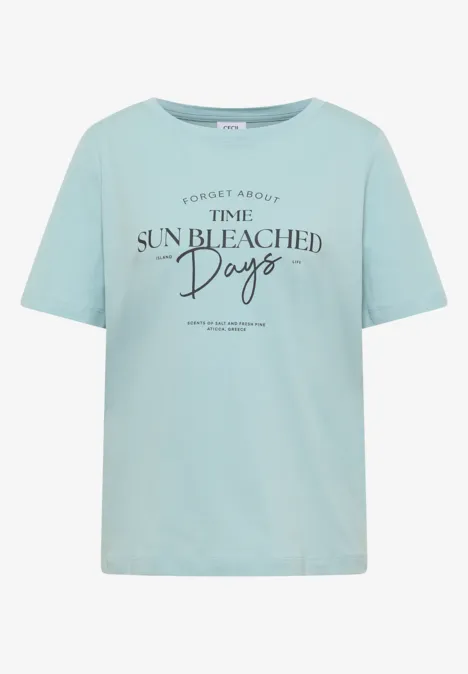 T-shirt turquoise clair col rond avec inscription 'Forget About The Sun Bleached Days' à l'avant.