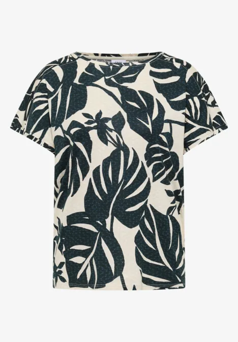 Kurzärmeliges cremefarbenes Shirt mit großem schwarzem Tropenblatt-Print.