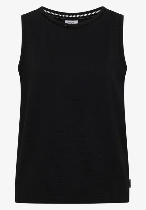 Top mit U-Boot-Ausschnitt und Spitzendetails Black Ärmelloses schwarzes Top mit rundem Ausschnitt aus strukturiertem Material.