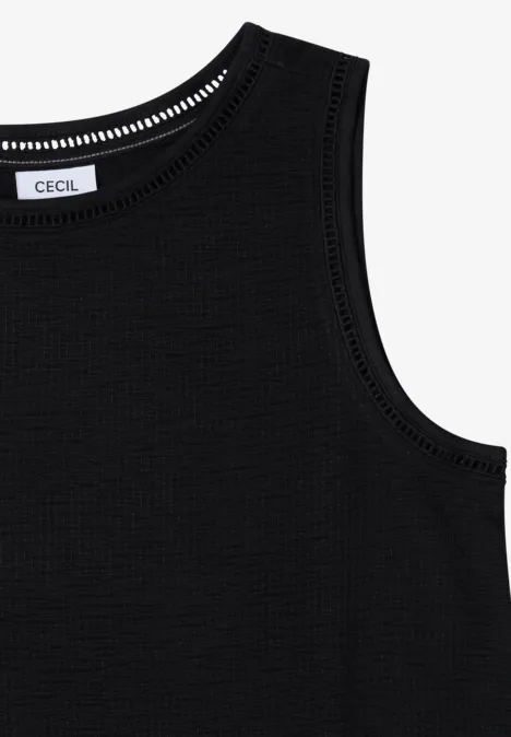 Top mit U-Boot-Ausschnitt und Spitzendetails Black Schwarzes, ärmelloses Rippshirt mit rundem Ausschnitt.