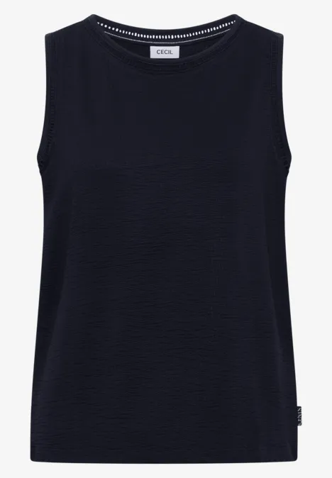 Schwarzes, ärmelloses Damen-Top mit Rundhalsausschnitt und feiner Rippstruktur, minimalistischer Style.
