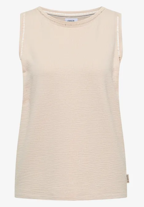 Beige mouwloos topje met ronde hals en subtiele structuur.