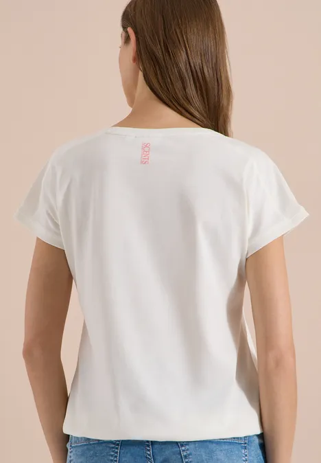 T-Shirt mit Rundhals und Embroidery vanilla white Rückansicht einer Frau mit braunen Haaren in einem schlichten weißen T-Shirt mit kurzen Ärmeln.