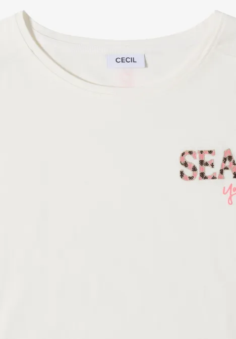 T-Shirt mit Rundhals und Embroidery vanilla white Weißes T-Shirt mit Rundhalsausschnitt und dezentem 'SEA'-Print in Blumenoptik, Marke CECIL.