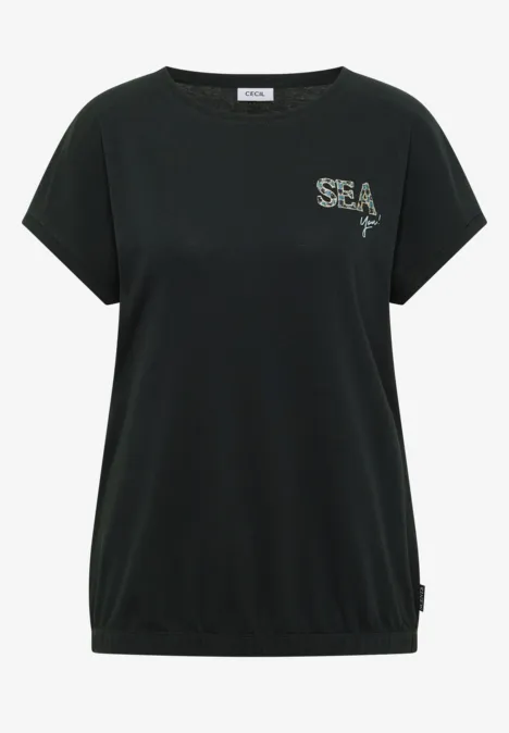 T-Shirt mit Rundhals und Embroidery palm breeze green Schwarzes, weites T-Shirt mit kurzen Ärmeln, elastischem Saum und kleinem "SEA"-Print auf der linken Brust.