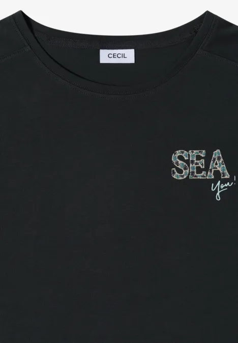 T-Shirt mit Rundhals und Embroidery palm breeze green Schwarzes T-Shirt mit aufgedrucktem Pailletten-Schriftzug 'SEA' und kleinem 'You' neben der Brust.
