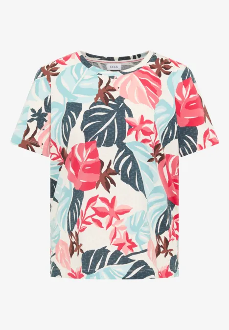 Weißes Damen-T-Shirt mit buntem tropischem Blattmuster in Rosa, Blau und Grün.