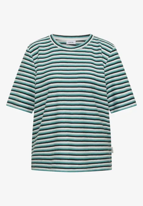 Kurzärmliges T-Shirt mit Rundhalsausschnitt und grünen, weißen und schwarzen Streifen.