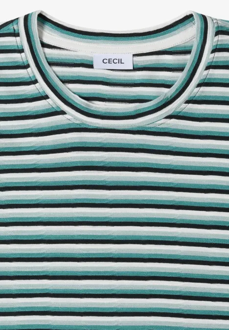 Ein gestreiftes T-Shirt in Grün-, Schwarz- und Weißtönen mit rundem Halsausschnitt und Cecil-Label.